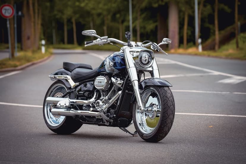Custom blue Harley-Davidson Fat Boy with chrome accents and solid disc wheels parked on a forest road.