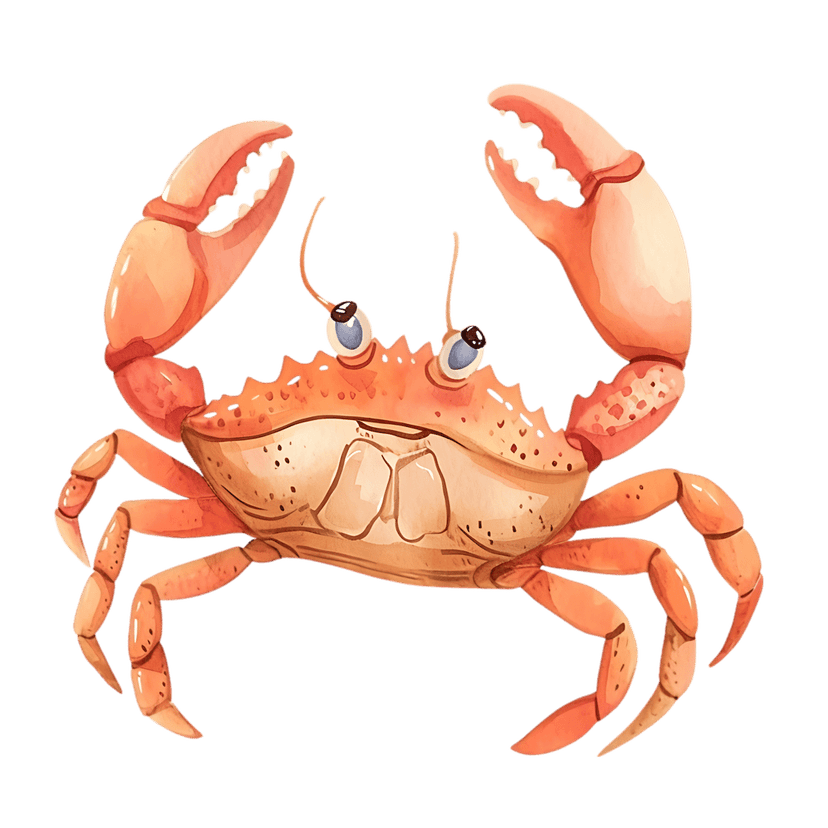 Orange crab watercolor illustration with raised claws and textured shell details on a transparent background.