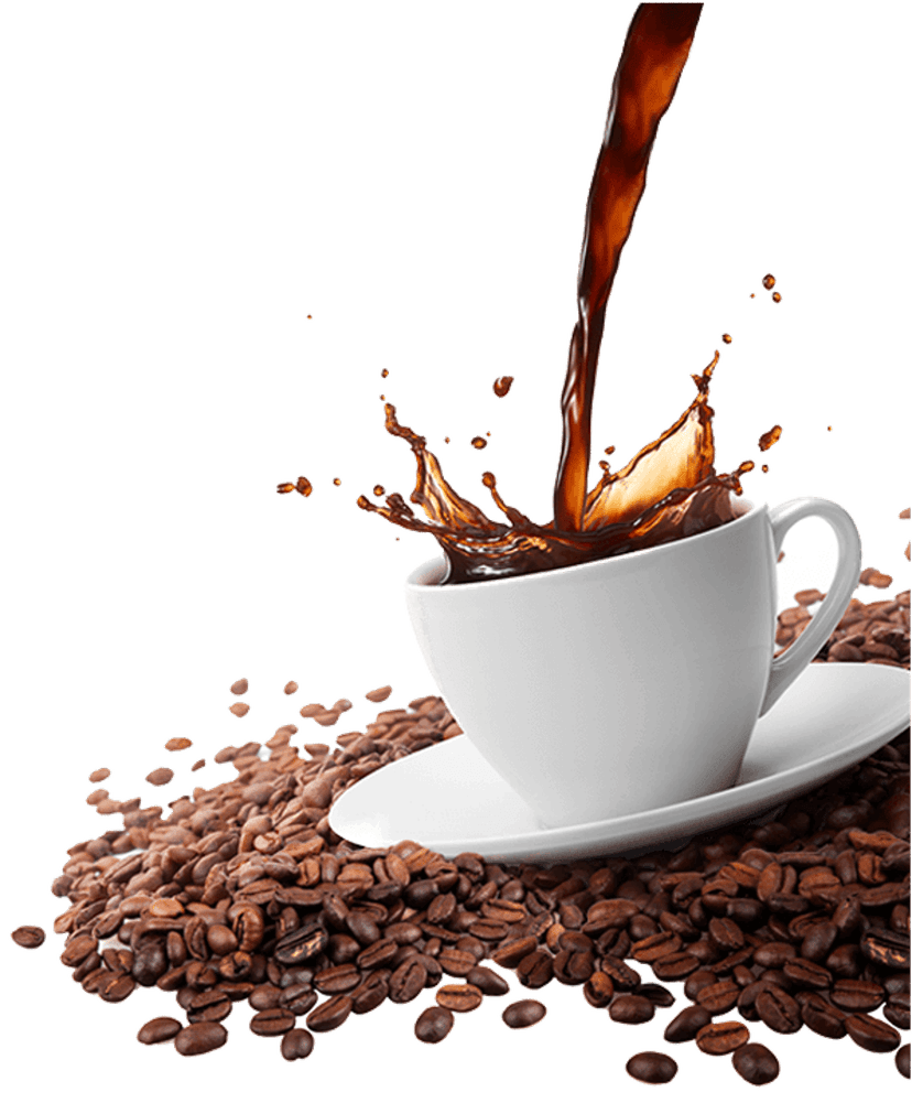 Caffe latte and dark espresso in white ceramic mugs viewed from above with rich crema and realistic steam.