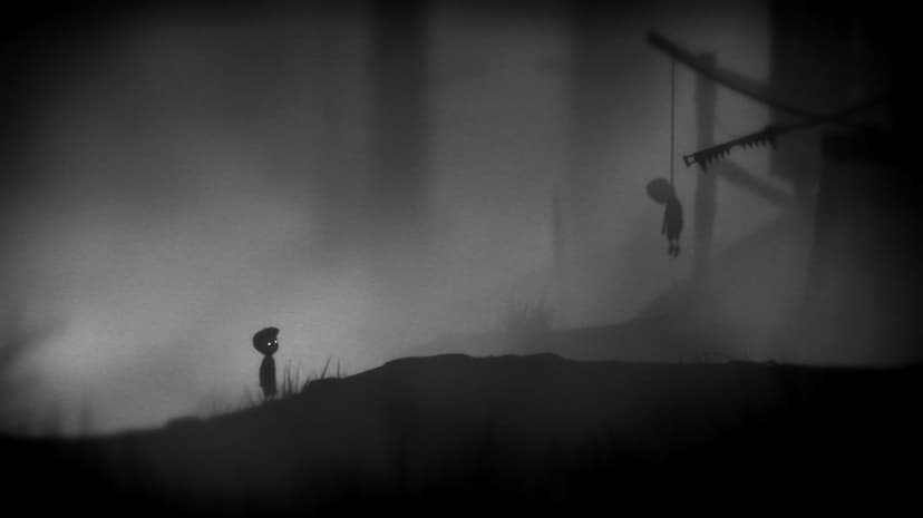 Silhouette of a boy with glowing eyes standing in a dark foggy forest with a hanging figure on the right.