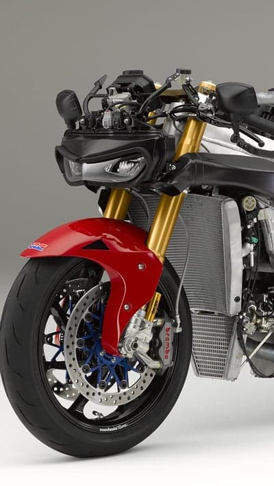 Close-up of a high-performance motorcycle's front end
