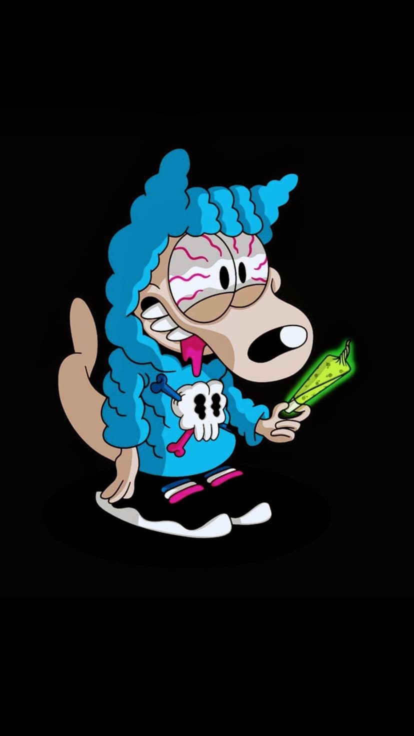 Blue-haired cartoon dog with bloodshot eyes wearing a skull hoodie and holding a glowing green joint.