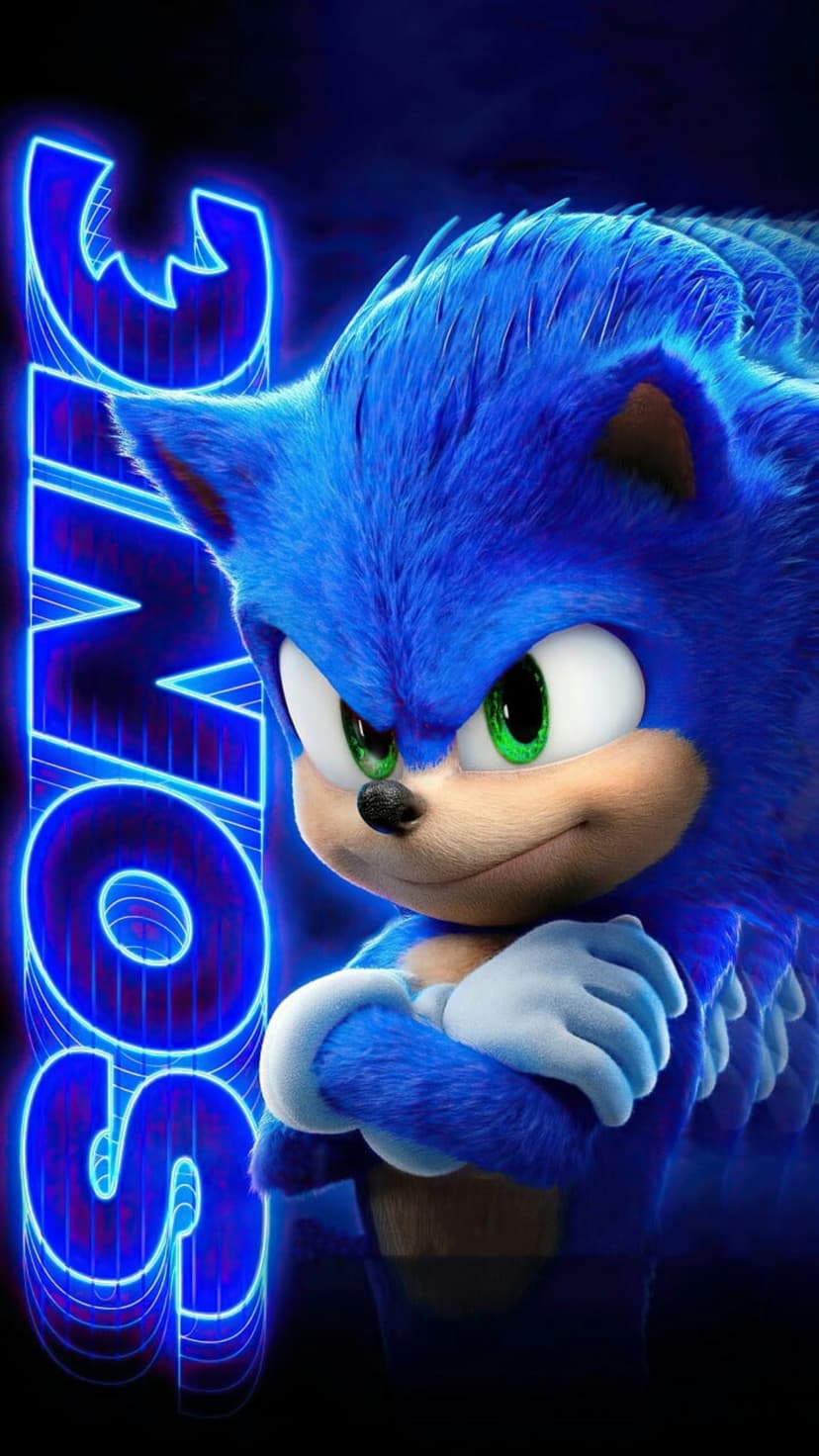Sonic the Hedgehog gazes forward with a confident expression in front of glowing neon blue text.