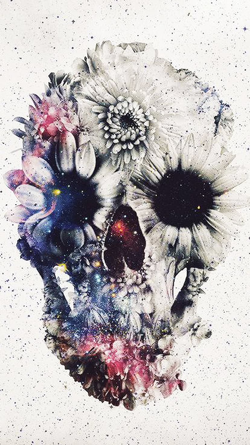 Human skull composed of monochrome flowers and a glowing purple galaxy filled with stars and nebula clouds.