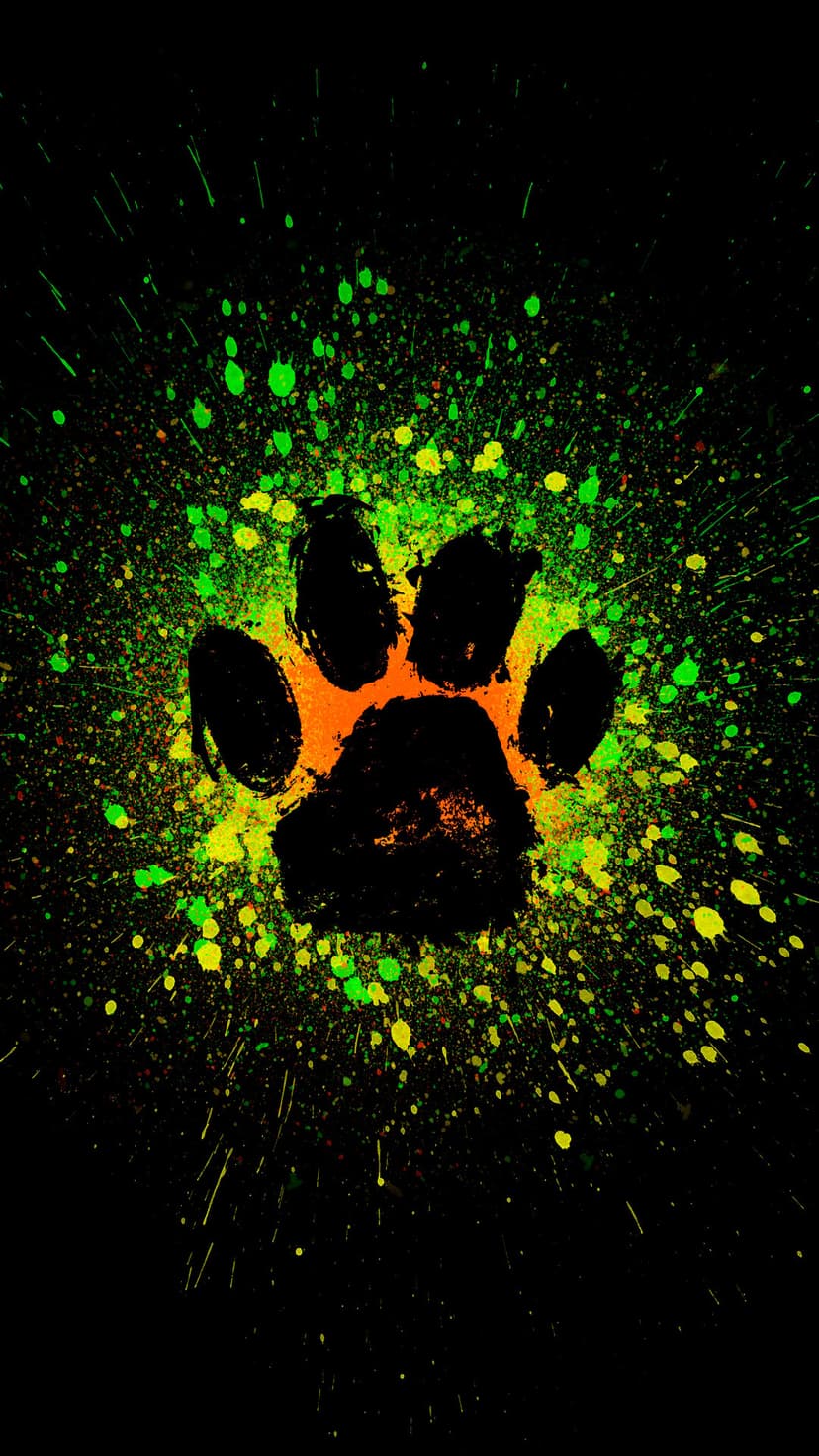Black animal paw print silhouette surrounded by intense neon green and orange paint splatters on a dark base.