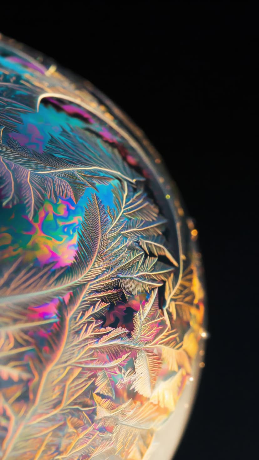 Iridescent fern-shaped ice crystals cover a black sphere with refracted rainbow light in a dark macro scene.