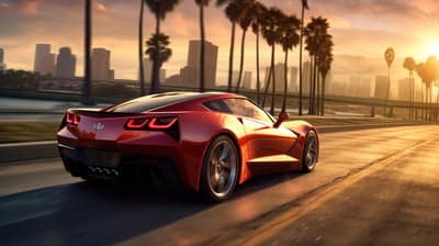 Red Sports Car Racing Through City Sunset Desktop Wallpaper