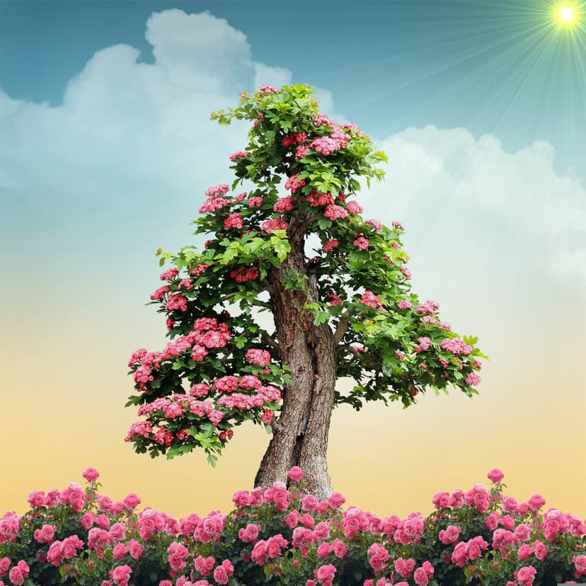 Pink roses bloom on a sunlit tree against a blue sky with fluffy clouds and a bright yellow sun with rays.
