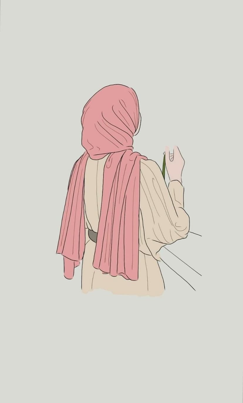 Woman from behind wearing a pink hijab and beige dress holding a single green flower stem against a plain backdrop.
