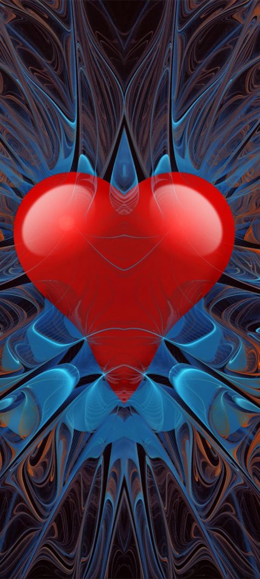 Polished red heart centered amidst symmetrical waves of electric blue and orange fractal patterns with 3D depth.