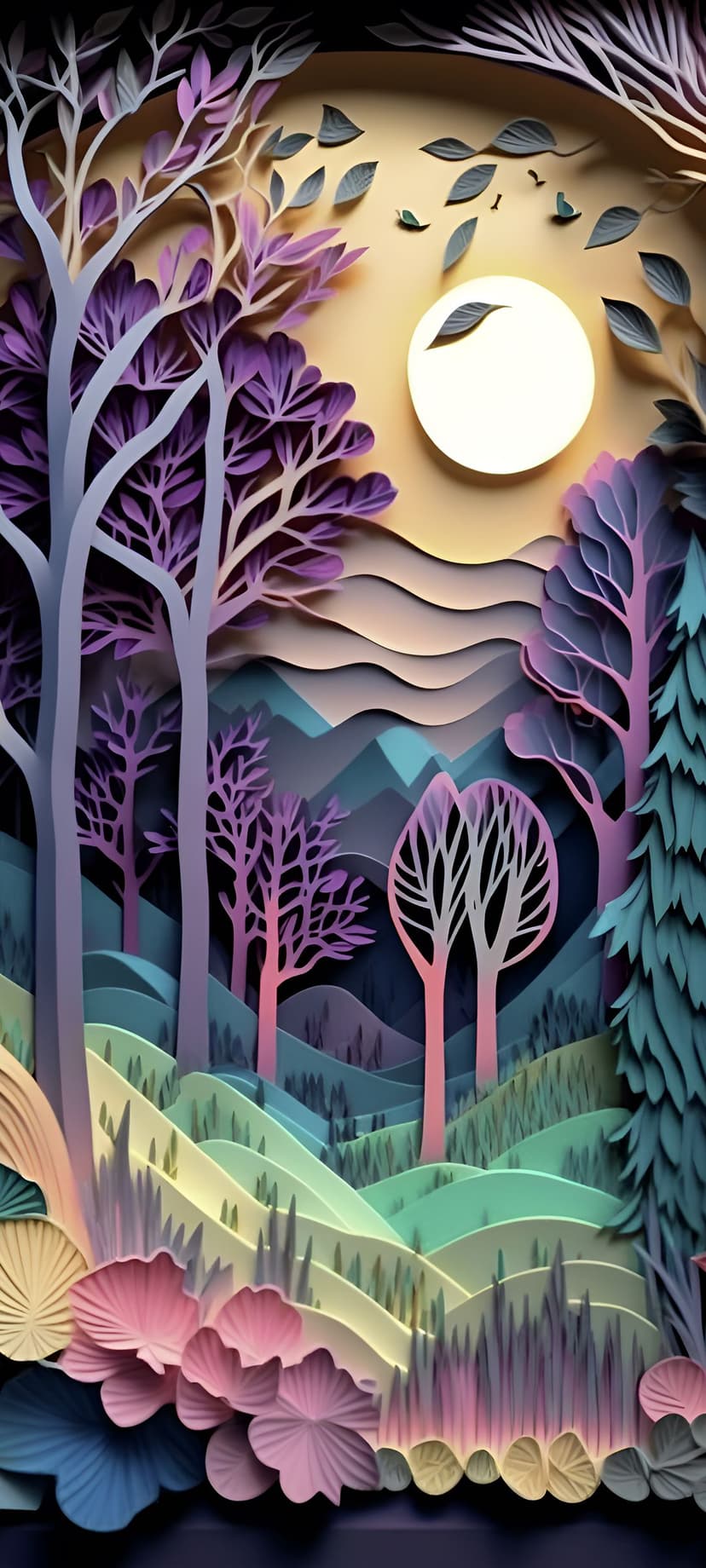 Purple papercut trees and layered hills stand under a large glowing moon against a warm gradient night sky.