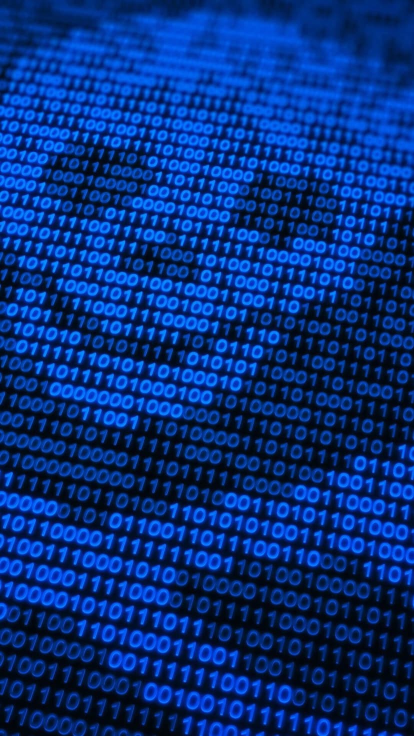 Blue binary digits 0 and 1 flow diagonally across a dark textured surface in a glowing data stream.