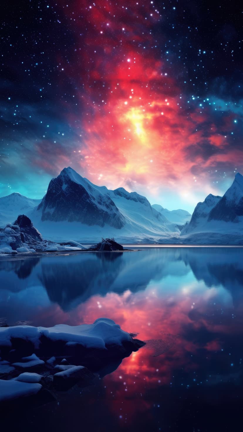 Vibrant red and blue nebula clouds hanging over sharp snowy mountains reflected in a calm mirror-like lake.