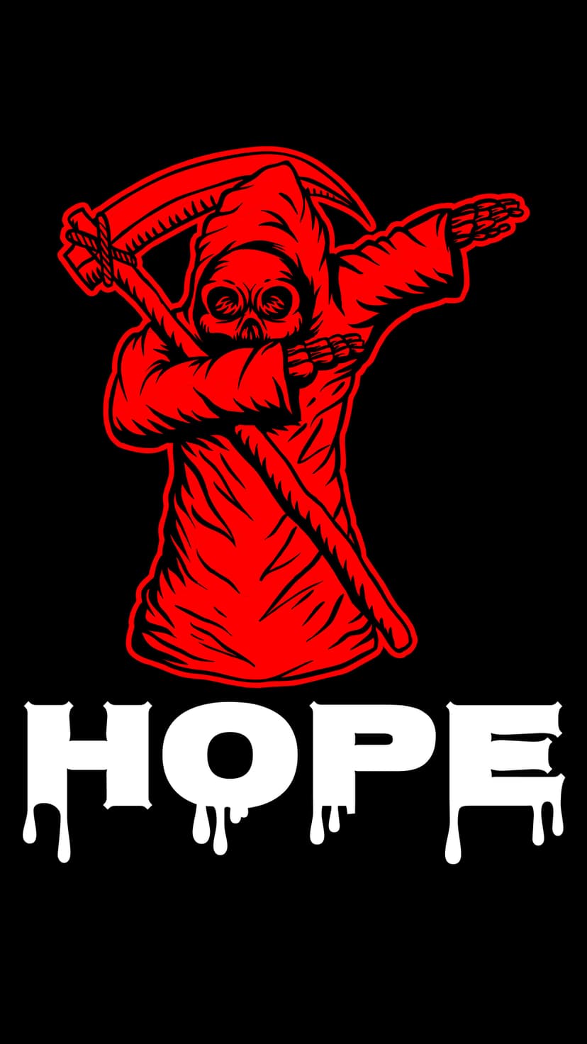 Red Grim Reaper dabbing above white dripping text reading HOPE against a stark black vertical background.