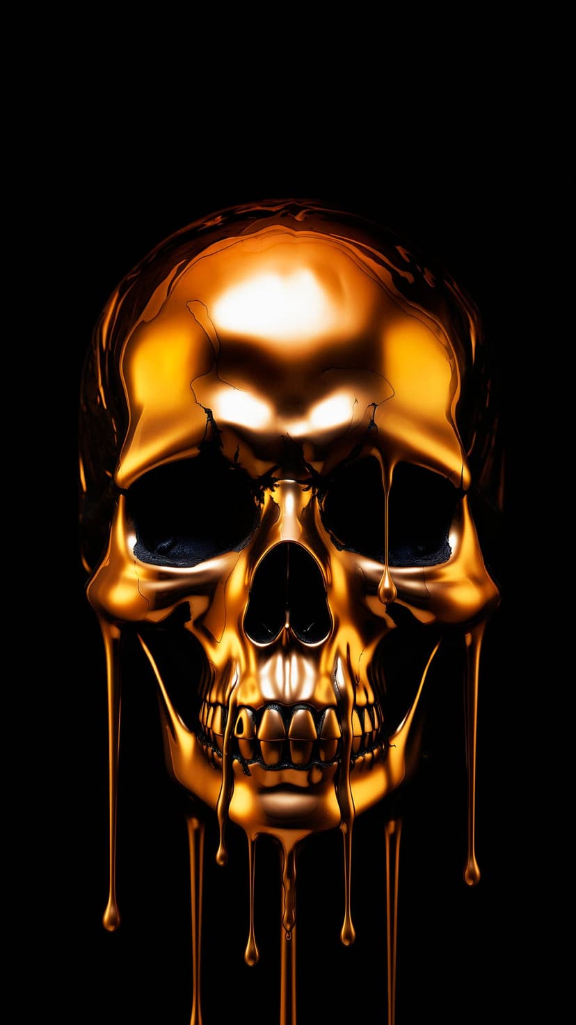 Golden skull melting into liquid droplets against a solid black background with dramatic lighting and reflections.