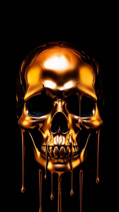 Melting Gold Skull Dripping Down Black Background