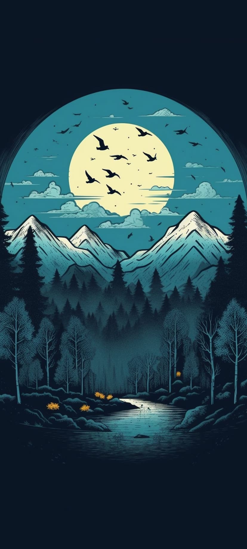 Full moon hangs over silhouetted jagged mountain peaks and a dense pine forest with small birds flying across.