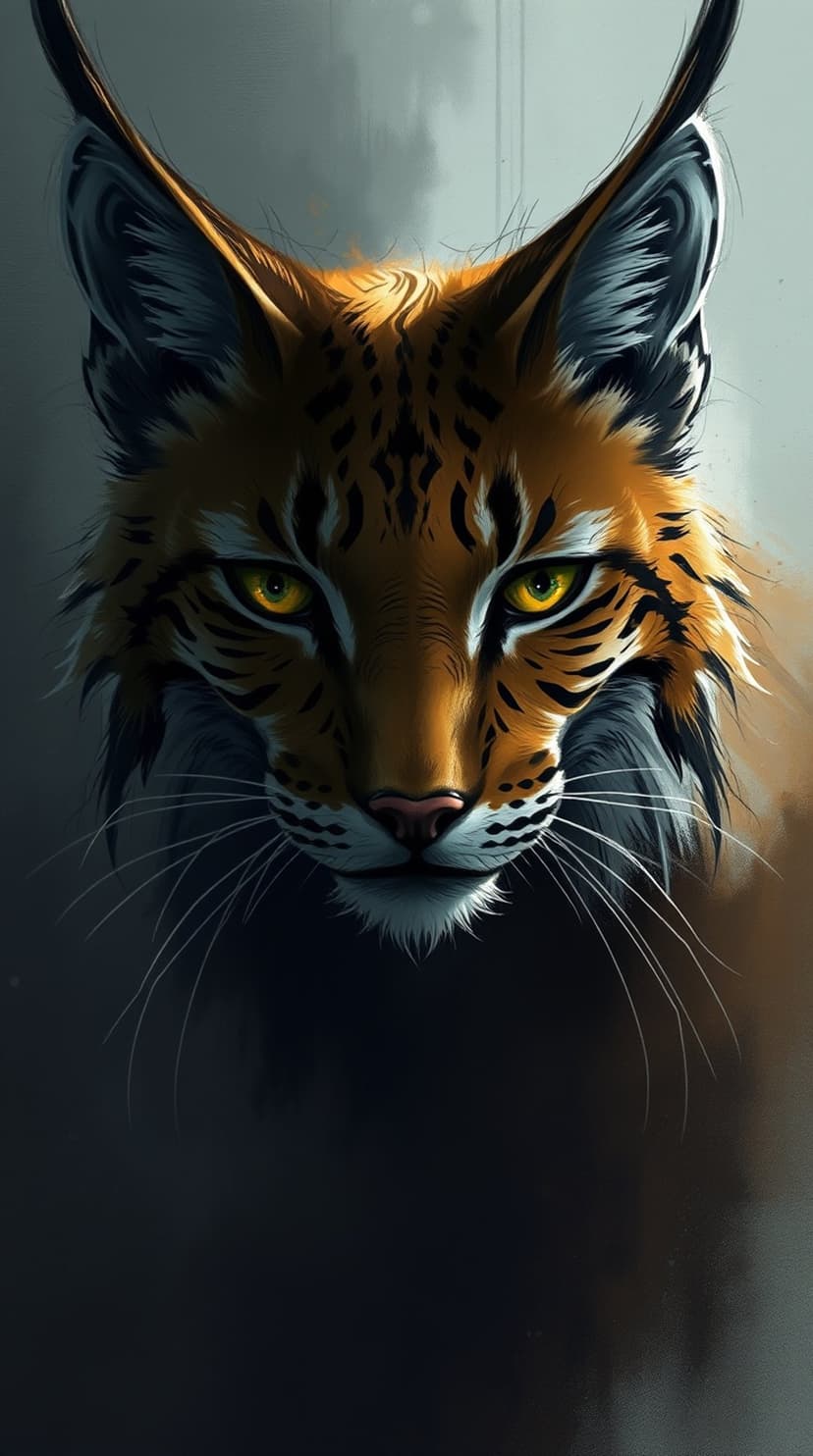 Lynx face with tufted ears and glowing yellow eyes stares forward against a dark, shadowy background.