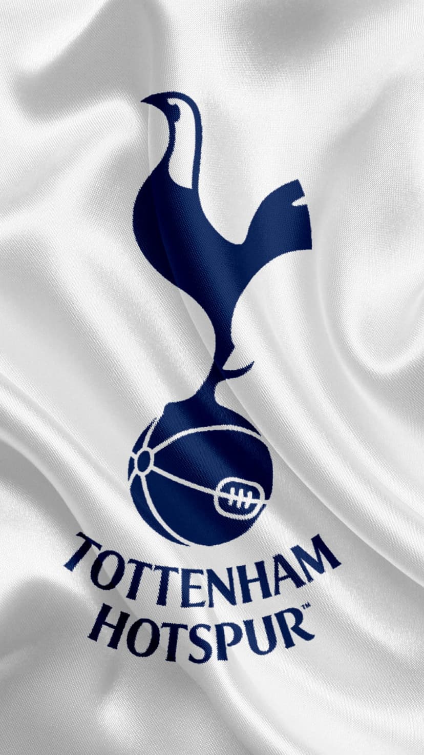 Navy blue Tottenham Hotspur cockerel crest and club name centered on a flowing white satin fabric background.