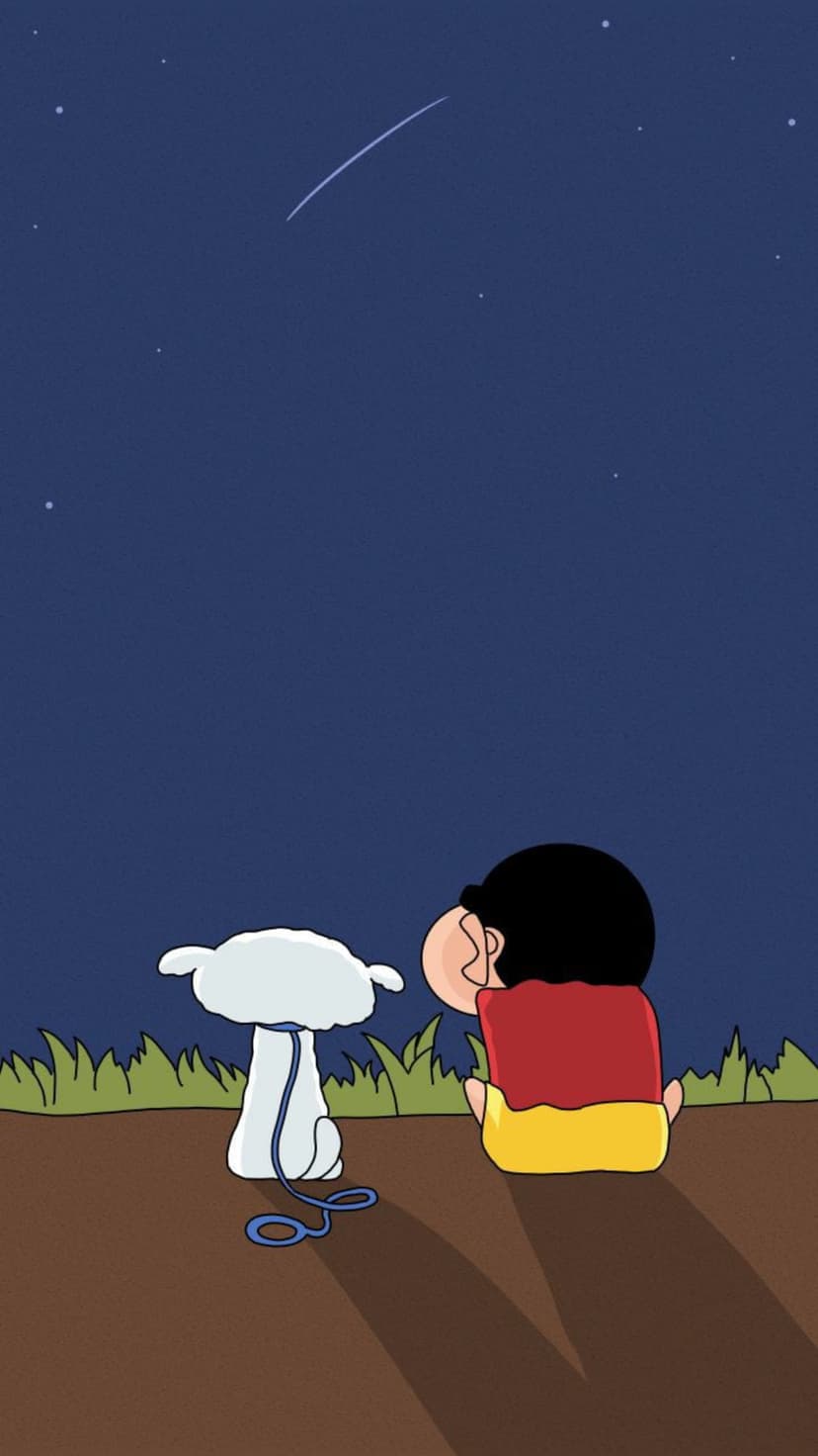 Shinchan and Shiro sit side by side outdoors watching a bright shooting star cross a dense, starry night sky.