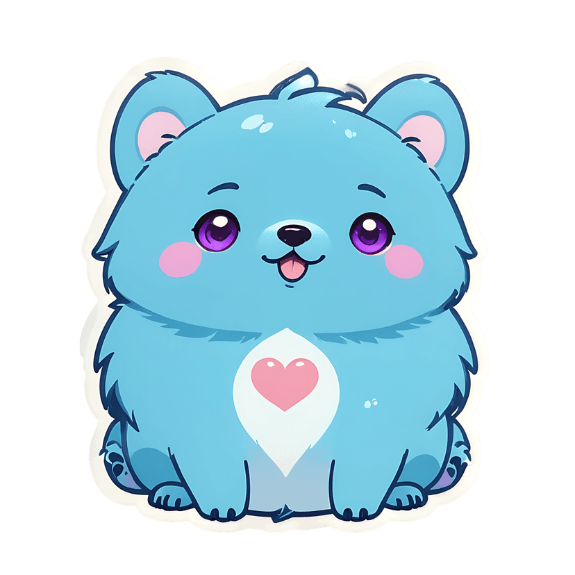 Blue bear sticker illustration featuring a pink heart chest emblem, purple eyes, and white die-cut border.