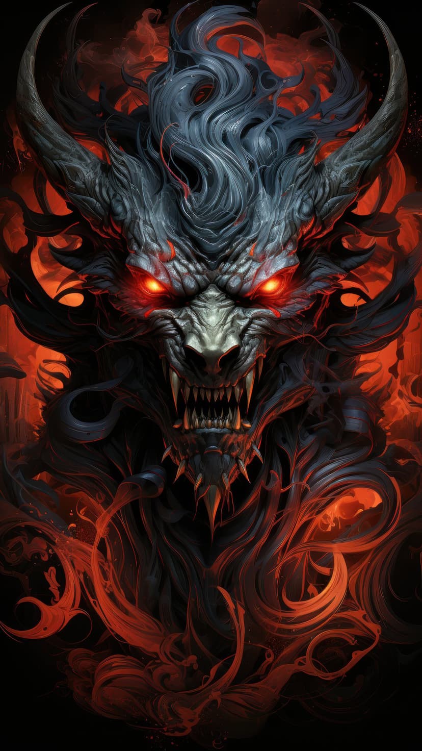 Demonic face with glowing red eyes, jagged teeth, and curved horns surrounded by swirling orange embers and smoke.