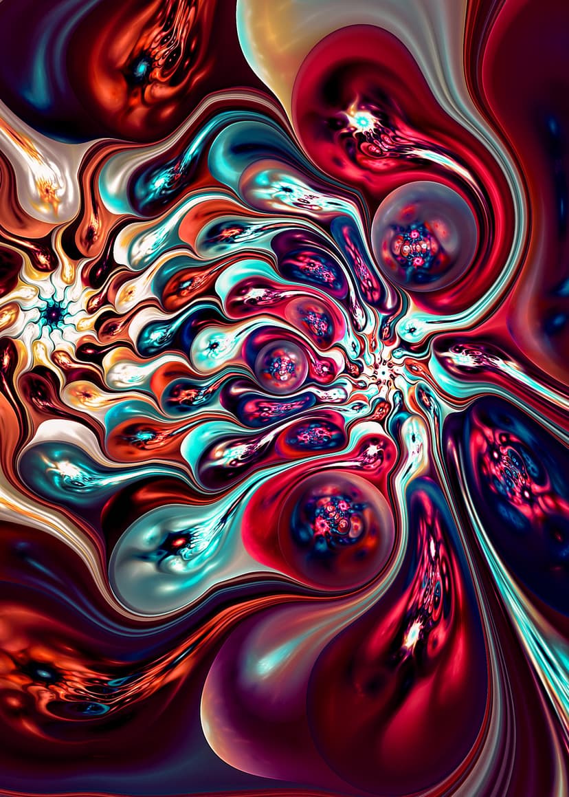 Crimson and cyan fluid swirls intertwine with gold accents in a dense, multi-layered abstract fractal pattern.