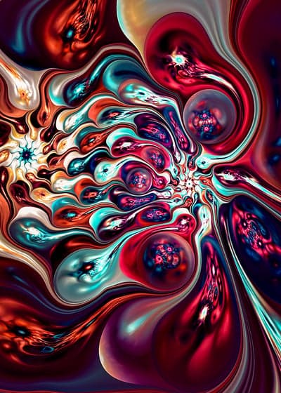 Abstract Fractal Art: Vibrant Swirls of Red, Blue, and Gold