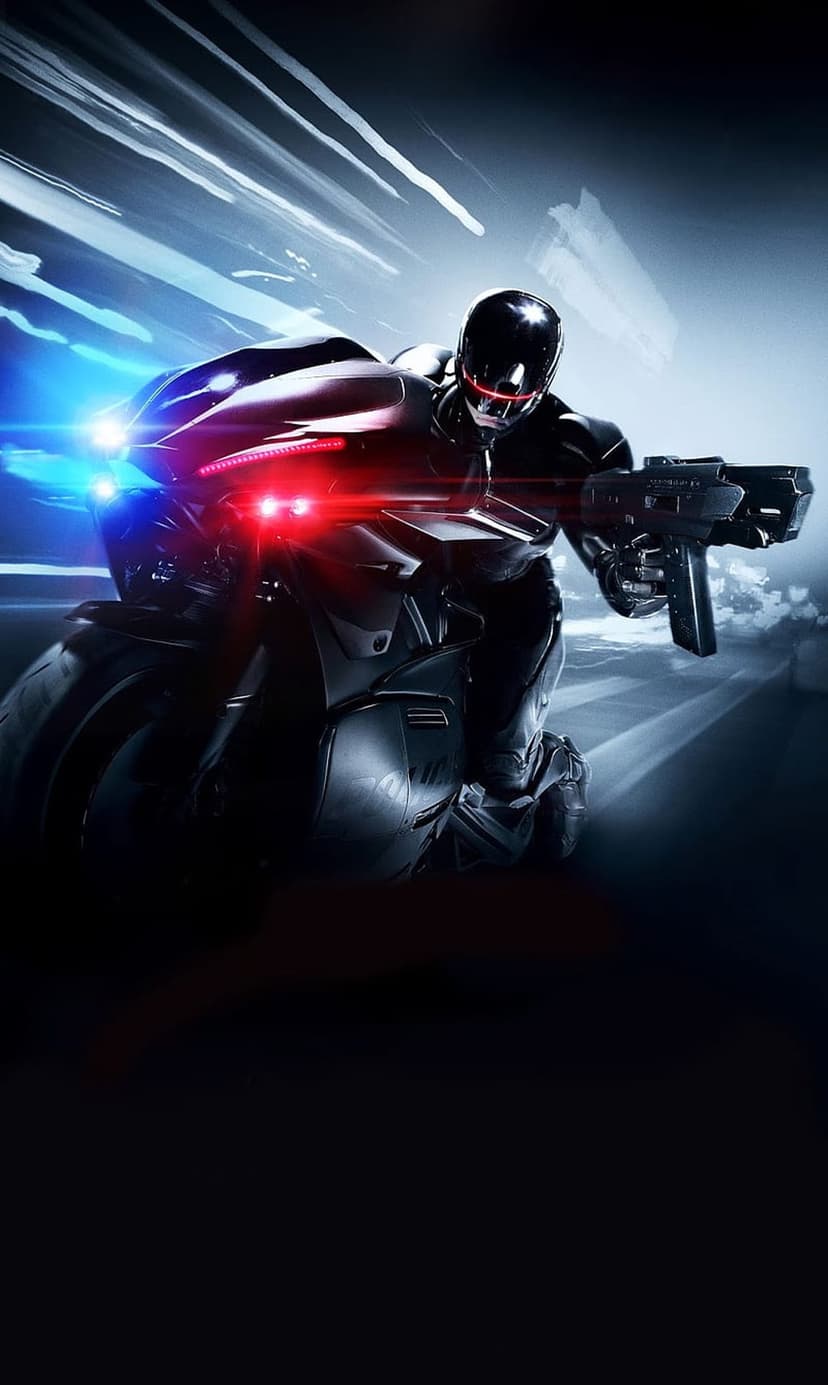 RoboCop sits on a futuristic motorcycle holding a gun while red and blue emergency lights flash in the background.