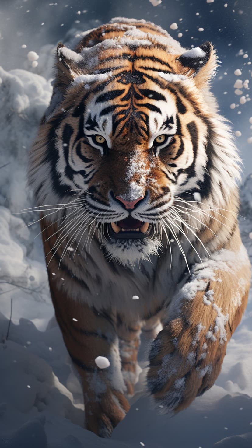 Tiger with snow on its orange fur stalks through a winter forest during a heavy snowfall with an intense gaze.