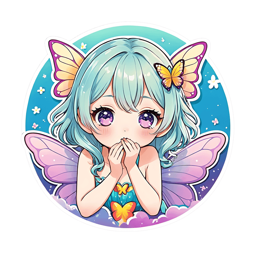 Chibi fairy sticker with light blue hair and purple eyes poses inside a circular pastel sky background.