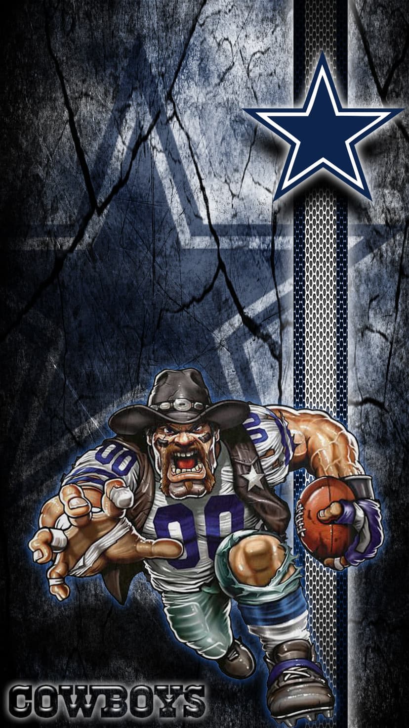 Cowboys player in a tattered jersey and cowboy hat runs with a football before a distressed star logo backdrop.