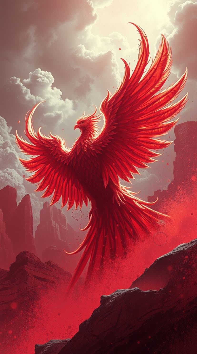 Red phoenix with spread wings soars over jagged volcanic mountains under a glowing, ember-filled sky.