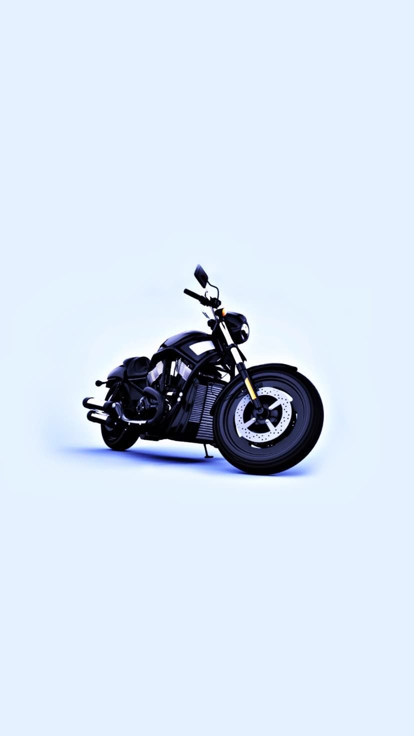 Black cruiser motorcycle with a detailed front wheel and chrome exhaust against a solid light blue background.