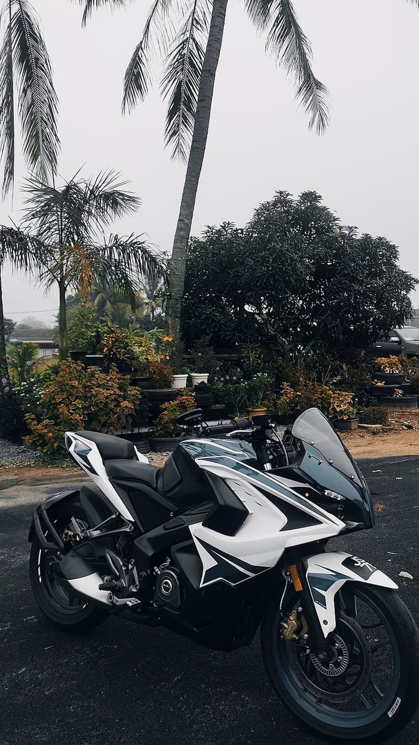 Teal and white sport motorcycle parked on asphalt surrounded by tropical palm trees and garden plants.