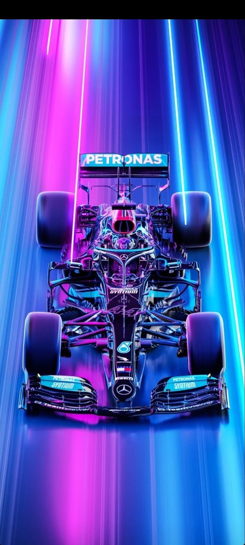 Petronas Formula 1 car speeds through a tunnel of glowing neon blue and pink light streaks with blurred motion.