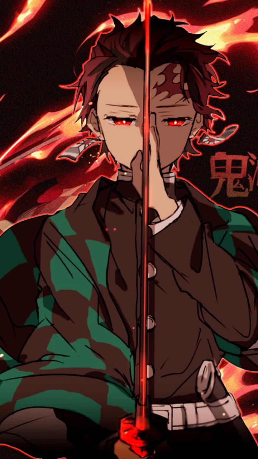 Tanjiro Kamado holds a flaming sword with glowing red eyes and Japanese kanji on a dark, smoky background.