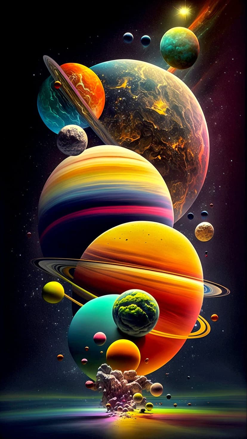 Ringed planets float amidst glowing purple and blue nebulae clouds with scattered distant white stars in space.