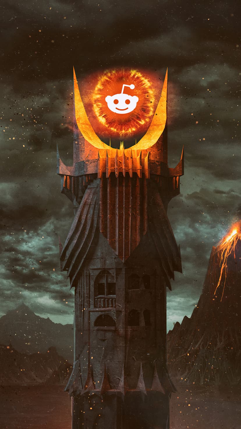 Reddit alien eye radiates orange light from a tall dark fortress overlooking a stormy volcanic landscape.