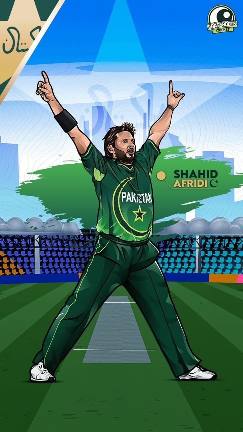 Shahid Afridi points upward in a green Pakistan uniform on a cricket field with a blue stadium and sky background.