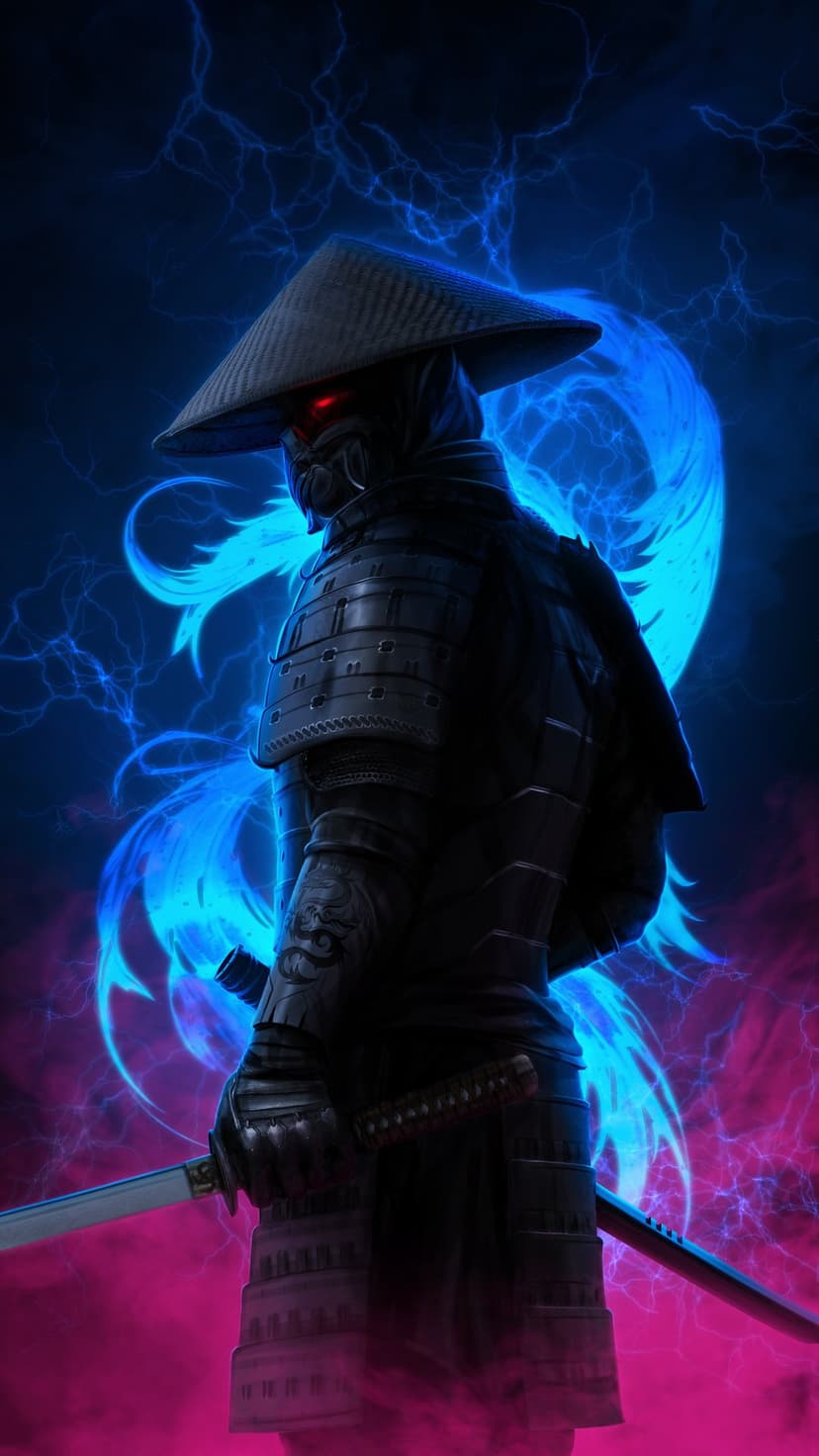 Masked samurai with glowing red eyes stands before a swirling blue energy dragon and ethereal pink mist.