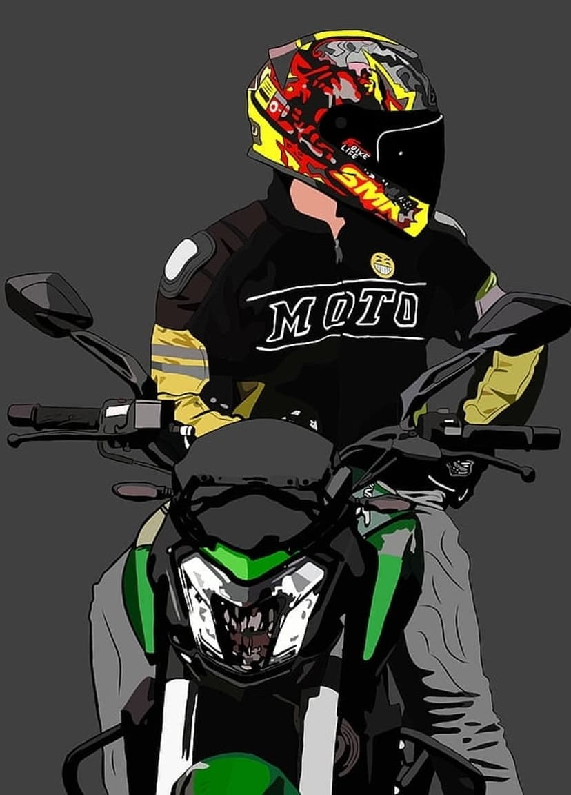Biker in a black jacket and colorful helmet sits on a sharp green and black motorcycle with a comic book aesthetic.