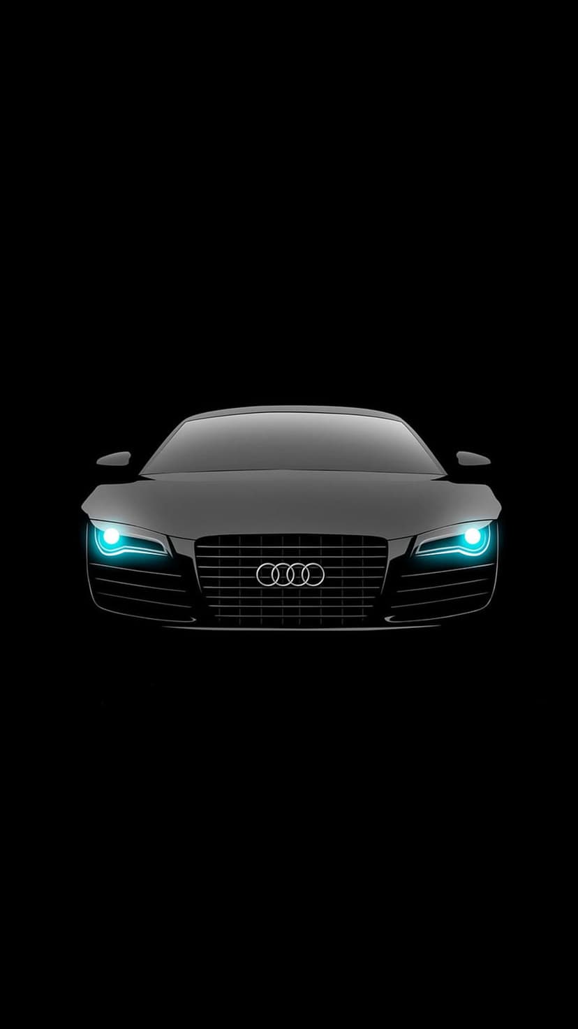 Black Audi R8 front view with glowing blue headlights and a dark grille on a shadowy minimalist background.