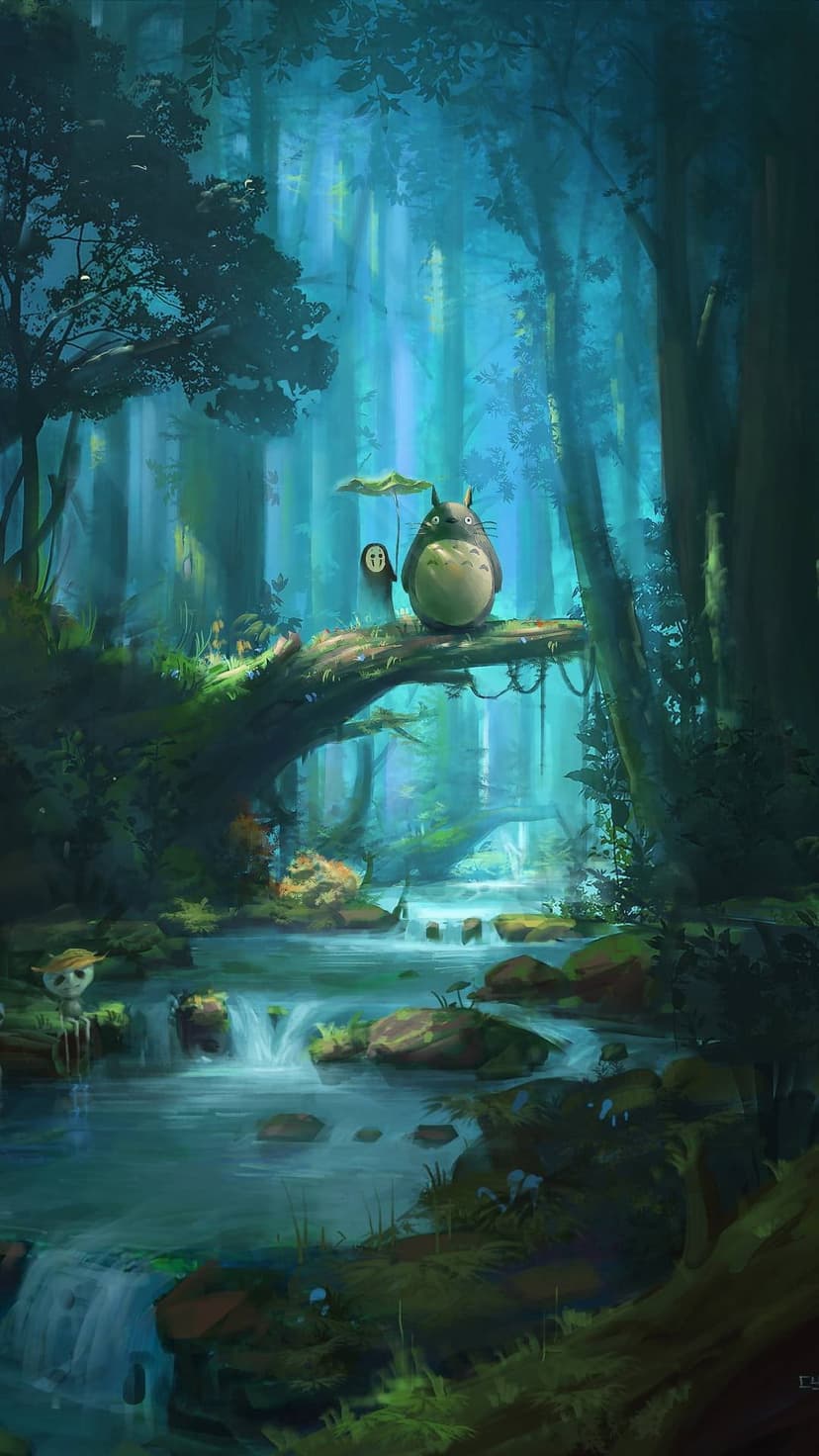 Totoro and a spirit with a leaf umbrella sit on a mossy log over a stream amidst sun-drenched forest trees.