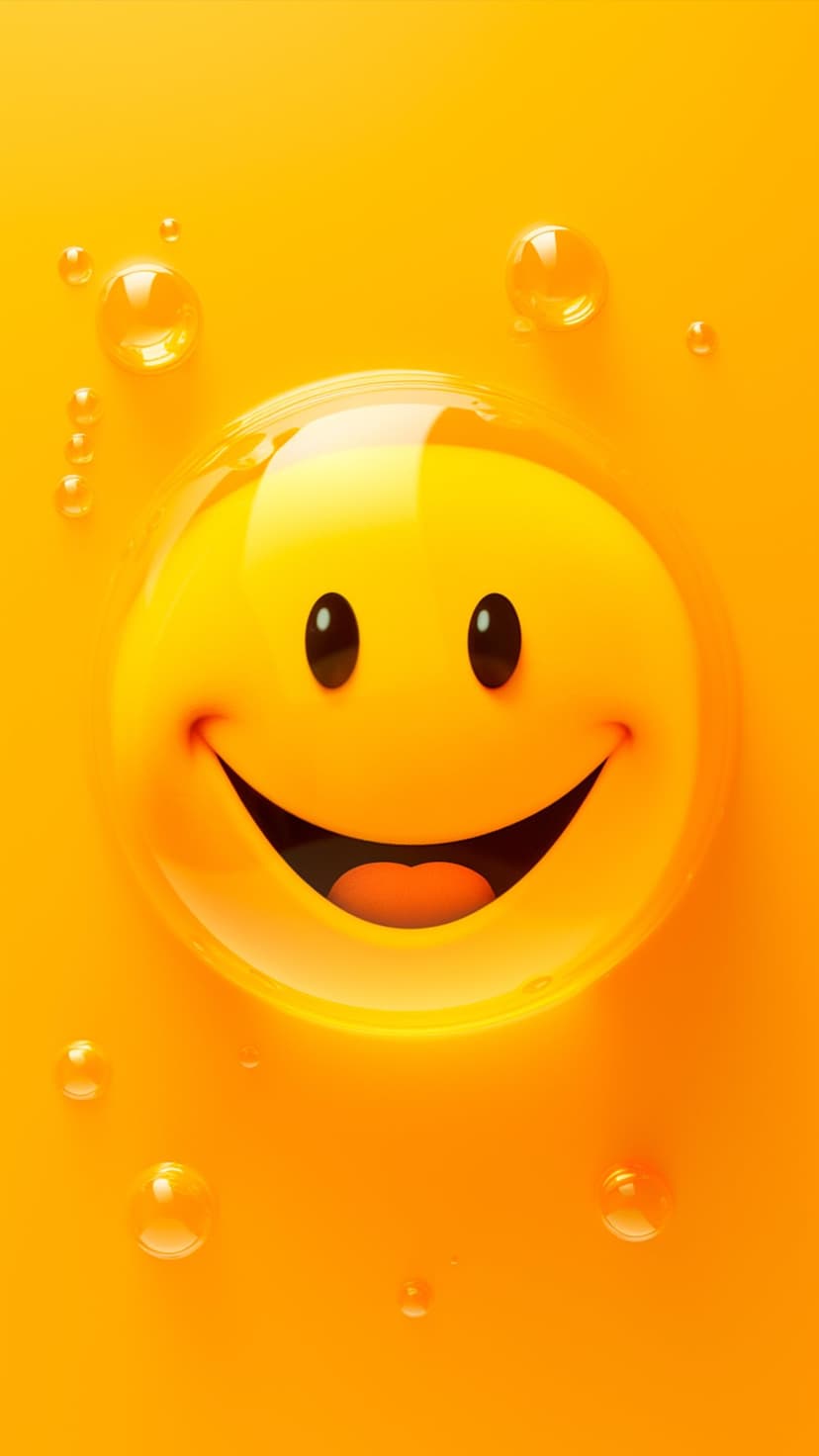 Yellow 3D smiley face with a glossy bubble texture floating among small water droplets on a bright orange background.
