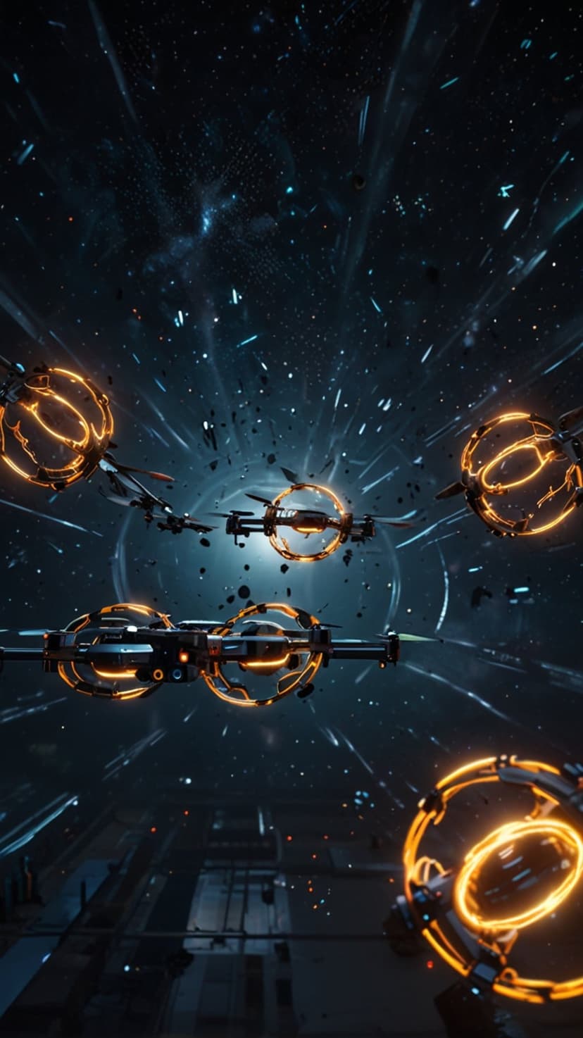 Futuristic drones with glowing orange rings fly through a space anomaly filled with debris and light streaks.
