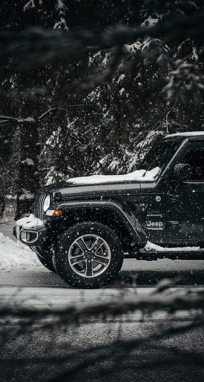 Black Jeep Wrangler in Snowy Forest Landscape