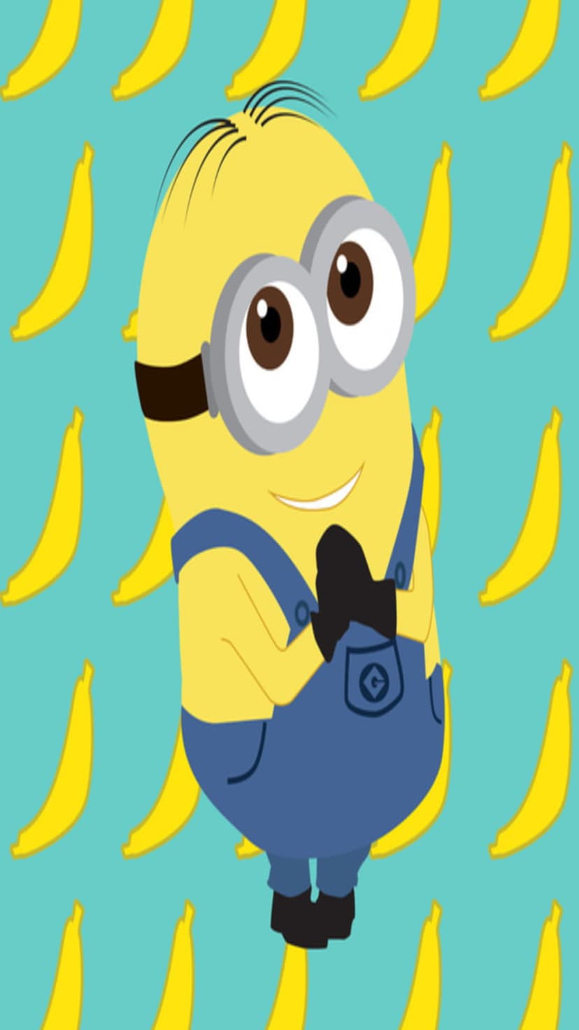 One-eyed Minion wearing blue overalls and goggles centered on a teal background covered in yellow bananas.