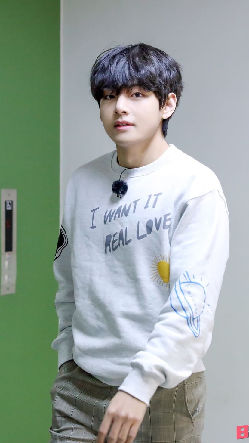 Kim Taehyung from BTS wearing a graphic sweatshirt with sun illustrations against a green and gray studio wall.