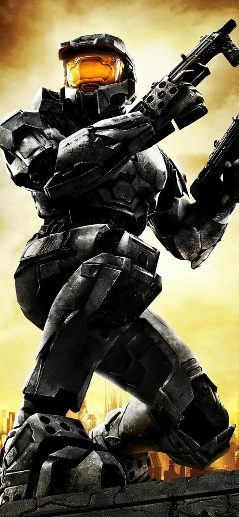 Master Chief in Mjolnir armor dual-wields SMGs against a hazy yellow sky with futuristic city ruins.